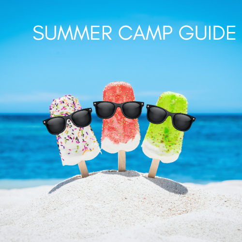 Image promoting a local summer camp guide with happy kids swimming, painting, and playing sports in Florida.