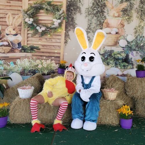A child dressed as a chicken sitting next to the Easter Bunny in a farm setting.
