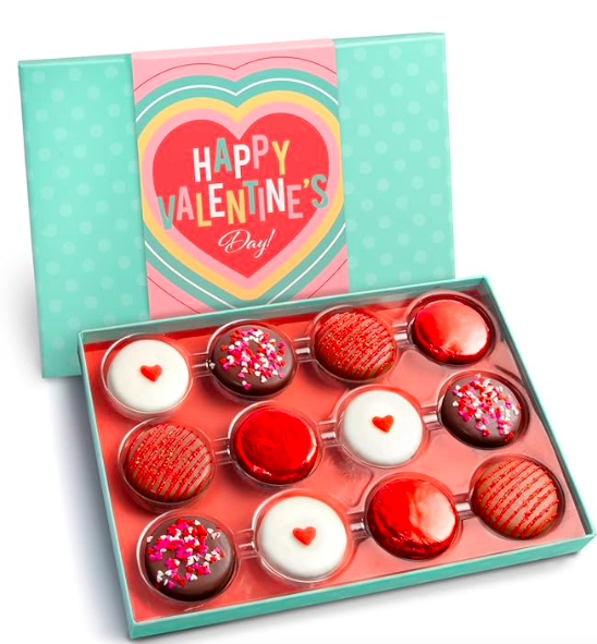 Gift box of valentine themed chocolate covered oreo cookies